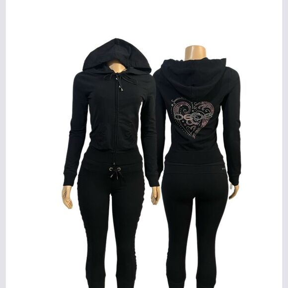 Bebe Set Valentines Day hoodie Rhinestone logo long sleeve & Ruched Side Crop S - Picture 6 of 9